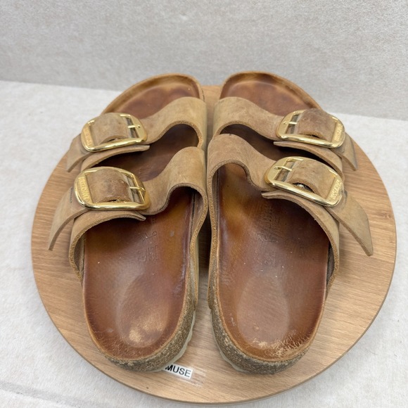 Birkenstock Arizona Brown Tan Leather Big Gold Buckle Slide Sandals Sz 41 10 8 - Picture 7 of 11
